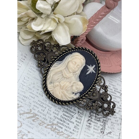 Jesus Mary Church Christmas Star Madonna Child Cameo Jewelry Sunda Pin Hair Clip - Picture 1 of 11